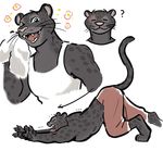  2017 anthro black_jaguar clothed clothing disney eyes_closed fangs feline fur grey_fur hatershatesarea jaguar male mammal muscular open_mouth pants renato_manchas scar shirt simple_background smile spots stretching tank_top teeth text tongue tongue_out topless zootopia 