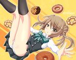  :o ass black_dress black_legwear blush bow bowtie brown_eyes brown_hair collared_shirt commentary_request double-breasted double_bun doughnut dress eyebrows_visible_through_hair eyelashes food green_bow green_neckwear hair_between_eyes kantai_collection kneehighs legs_up long_hair long_sleeves looking_at_viewer michishio_(kantai_collection) open_mouth outline outstretched_arm panties pinafore_dress remodel_(kantai_collection) shirt short_dress solo tamayan thighs two-tone_background underwear white_outline white_panties white_shirt wing_collar yellow_background 