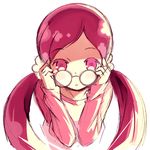  :o bangs eyebrows_visible_through_hair eyewear_pull glasses hair_ornament hair_scrunchie hanasaki_tsubomi heartcatch_precure! holding holding_eyewear kurasuke long_hair long_sleeves looking_at_viewer low_twintails parted_bangs parted_lips pink_eyes pink_hair pink_shirt precure scrunchie shirt simple_background sketch solo twintails very_long_hair white_background 