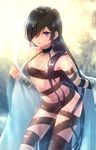  bare_shoulders black_hair breasts fate/grand_order fate_(series) fishnet_fabric hair_over_one_eye highres long_hair looking_at_viewer mochizuki_chiyome_(fate/grand_order) moe_(hamhamham) purple_eyes small_breasts solo standing 