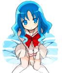  bangs between_legs blue_eyes blue_hair blush bow bowtie dress eyebrows_visible_through_hair from_above hand_between_legs head_tilt heartcatch_precure! kneehighs kurasuke kurumi_erika long_hair long_sleeves looking_at_viewer looking_up myoudou_gakuen_middle_school_uniform precure red_neckwear sailor_dress school_uniform sitting sketch solo v_arms white_background white_dress white_legwear 