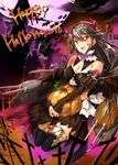  :d alternate_costume black_dress black_hair black_legwear brown_eyes dress fang hair_between_eyes halloween_costume haruna_(kantai_collection) heart horns kantai_collection kyougoku_touya long_hair machinery open_mouth pumpkin smile solo thighhighs turret v-shaped_eyebrows 