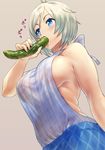  antenna_hair bare_arms bare_shoulders beige_background blue_eyes blue_skirt breasts commentary cucumber dennou_shoujo_youtuber_shiro dokiyuri eating fingernails food from_below highres holding holding_food holding_vegetable large_breasts meme_attire no_bra plaid sexually_suggestive shiro_(dennou_shoujo_youtuber_shiro) sideboob silver_hair simple_background skirt sleeveless solo translated virgin_killer_sweater 