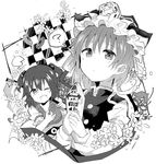  :/ ;d ? bangs blush closed_mouth coin eyebrows_visible_through_hair fang flower greyscale hair_between_eyes hair_bobbles hair_ornament hat holding long_sleeves looking_at_viewer monochrome multiple_girls ok_sign one_eye_closed onozuka_komachi open_mouth rod_of_remorse scythe shiki_eiki short_hair short_sleeves smile spoken_question_mark star to-den_(v-rinmiku) touhou two_side_up upper_body 