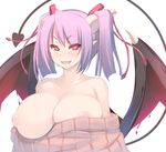  bare_shoulders blush breasts collarbone demon_girl demon_horns demon_tail demon_wings hair_ribbon highres horns huge_breasts nipple_slip nipples one_breast_out open_mouth original pointy_ears puffy_nipples purple_hair red_eyes ribbed_sweater ribbon shiki_(psychedelic_g2) short_hair smile solo succubus sweater tail twintails wings 