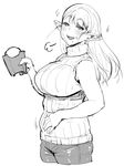  bare_shoulders belly blush breasts cropped_legs elf elf-san_wa_yaserarenai. erufuda-san fang food food_on_face greyscale hand_on_own_stomach highres large_breasts long_hair looking_at_viewer monochrome plump pointy_ears simple_background sketch sleeveless smile solo sparkle sweater_vest synecdoche white_background 