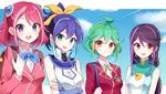  ahoge bangs blazer blue_background blue_bow blue_eyes blue_gloves blue_hair bow bracelet_girls cloud crossed_arms day domino_high_school_uniform earrings fingerless_gloves gloves green_eyes green_hair hiiragi_yuzu jacket jewelry joman kurosaki_ruri long_hair looking_at_viewer multicolored_hair multiple_girls pink_hair purple_hair quadruplets red_eyes rin_(yuu-gi-ou_arc-v) school_uniform serena_(yuu-gi-ou_arc-v) shirt short_hair siblings sisters sky sleeveless sleeveless_shirt streaked_hair swept_bangs two-tone_hair upper_body yellow_eyes yuu-gi-ou yuu-gi-ou_arc-v 