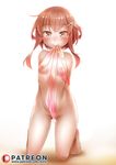  arms_behind_back artist_name barefoot blush breasts brown_hair closed_mouth covered_nipples full_body gradient gradient_background hair_ornament hairclip heart heart_hair_ornament ikazuchi_(kantai_collection) kantai_collection kneeling kore_(korewa13th) looking_at_viewer mouth_hold naked_ribbon nude partially_visible_vulva ribbon shiny shiny_hair short_hair_with_long_locks sidelocks small_breasts smile solo watermark web_address white_background 