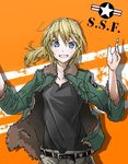  :d bad_id bad_pixiv_id belt belt_buckle black_shirt blonde_hair blue_eyes bomber_jacket buckle collarbone commentary_request eyebrows_visible_through_hair fur-trimmed_jacket fur_trim green_jacket grin hands_up jacket long_hair long_sleeves looking_at_viewer open_clothes open_jacket open_mouth orange_background original ponytail shirt smile solo tareme teeth towarai two-tone_background upper_body w_arms 