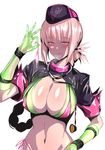  absurdres alternate_costume bikini blush braid breasts cleavage commentary_request condom elbow_gloves eyebrows_visible_through_hair fate/grand_order fate_(series) florence_nightingale_(fate/grand_order) gloves green_gloves hat highres large_breasts lips long_hair looking_at_viewer multicolored multicolored_bikini multicolored_clothes navel nurse_cap parted_lips pink_hair red_eyes revealing_clothes saliva saliva_trail shiny shiny_clothes shiny_hair shiny_skin short_sleeves shrug_(clothing) side-tie_bikini simple_background smile standing stethoscope swimsuit trick_or_treatment ulrich_(tagaragakuin) upper_body used_condom white_background 