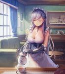  anbe_yoshirou azur_lane bangs bare_shoulders belfast_(azur_lane) book braid breasts buttons candle cat chain choker cleavage closed_eyes collarbone commentary_request couch cup curtains eyelashes flower french_braid gauntlets highres indoors large_breasts long_hair maid maid_headdress painting_(object) portrait_(object) saucer signature smile table tea teacup teapot vase watercraft window 