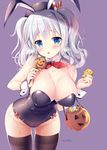  :o animal_ears bad_id bad_pixiv_id bangs bare_shoulders basket beret black_legwear black_leotard blue_eyes blush breasts bunny_ears bunnysuit candy circle_name cleavage collarbone commentary_request cowboy_shot detached_collar eyebrows_visible_through_hair food grey_hair halloween halloween_basket hands_up hat highres holding kantai_collection kashima_(kantai_collection) kerchief large_breasts leaning_forward leotard long_hair purple_background saliva saliva_trail shade sidelocks simple_background skindentation solo sousouman thighhighs thighs wavy_hair wrist_cuffs 