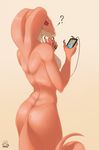  2017 5_fingers anthro breasts butt_pose cellphone cobra digital_media_(artwork) featureless_breasts female holding_object holding_phone non-mammal_breasts phone red_eyes reptile scalie shen_shepa side_boob simple_background snake snake_hood solo white_background 