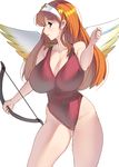  angel_wings bare_shoulders bikkuriman bow_(weapon) breasts brown_background cleavage collarbone contrapposto covered_navel cowboy_shot cross curvy hairband highleg highleg_swimsuit highres holding holding_bow_(weapon) holding_weapon huge_breasts juujika_tenshi leotard light_smile long_hair looking_at_viewer looking_to_the_side masao one-piece_swimsuit parted_lips profile simple_background solo standing swimsuit thick_thighs thighs weapon white_background wings 