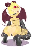  2017 anthro blonde_hair blush boots butt camel_toe clothing demon eyeshadow female footwear green_eyes hair high_heels horn legwear looking_back makeup mammal mustelid open_mouth otter otto0ttsy otto_the_ott pose saliva shoes short_hair simple_background solo succubus tongue tongue_out wings 