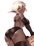  ass bangs black_bra black_legwear black_panties blush bra breasts closed_mouth commentary_request cowboy_shot dark_elf dark_skin de-chan_(lolicept) elf eyebrows_visible_through_hair from_behind grey_hair highres large_breasts leaning_forward lolicept looking_at_viewer looking_back original panties pointy_ears short_hair simple_background solo standing thighhighs underwear underwear_only white_background yellow_eyes 