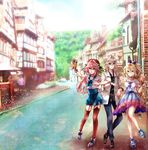  2boys astolfo_(fate) beret blonde_hair blue_eyes braid brown_hair casual commentary_request dress fang fate/apocrypha fate_(series) hair_ribbon hat highres holding_hands jeanne_d'arc_(fate) jeanne_d'arc_(fate)_(all) long_hair looking_at_viewer multiple_boys open_mouth otoko_no_ko pink_eyes pink_hair red_eyes ribbon rono_(7272usa) sandwiched short_hair sieg_(fate/apocrypha) single_braid smile thighhighs unmoving_pattern white_hair 