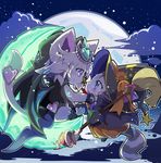  1boy 1girl artist_request blue_eyes cat cat_busters furry grey_hair moon purple_eyes witch_hat 