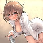  :d aaaa beer_can black-framed_eyewear black_eyes blush breasts brown_hair can collarbone commentary_request dagashi_kashi dress_shirt drunk glasses highres leaning_forward long_sleeves looking_at_viewer medium_breasts messy_hair naked_shirt nipples open_clothes open_mouth open_shirt owari_hajime shirt smile solo white_shirt 