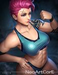  abs bare_shoulders bikini breasts brown_eyes collarbone hand_on_hip large_breasts lips nail_polish navel nudtawut_thongmai overwatch pink_hair scar short_hair smile solo swimsuit tattoo thighs zarya_(overwatch) 
