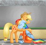  applejack_(mlp) chain clothing crying cuffs_(disambiguation) equine eyes_closed feaniethemeanie freckles friendship_is_magic green_eyes hat horse jumpsuit mammal my_little_pony pegasus pony prison rainbow_dash_(mlp) shackles tears wings 