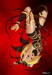  1girl artist_name bare_legs bdsm black_cat blonde_hair blush bondage bound breasts cat curvy dark_skin dusty_(gravity_daze) female gravity_daze kitten_(gravity_daze) red_eyes sagasile shiny_skin tentacle 