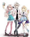  2boys astolfo_(fate) beret blonde_hair blue_eyes braid brown_hair casual commentary_request dress fangs fate/apocrypha fate_(series) hair_ribbon hat highres holding_hands jeanne_d'arc_(fate) jeanne_d'arc_(fate)_(all) long_hair looking_at_viewer multiple_boys open_mouth otoko_no_ko pink_hair purple_eyes red_eyes ribbon rono_(7272usa) sandwiched short_hair sieg_(fate/apocrypha) single_braid smile white_background white_hair 