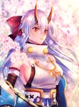  bare_shoulders bow breasts cherry_blossoms elbow_gloves fate_(series) gloves hair_bow highres horns large_breasts looking_to_the_side moe_(hamhamham) red_bow red_eyes sideboob slit_pupils solo standing tomoe_gozen_(fate/grand_order) white_hair 