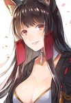  akagi_(azur_lane) animal_ears azur_lane bangs breasts brown_hair cleavage commentary_request detached_collar fox_ears highres large_breasts lips long_hair looking_at_viewer myusha open_clothes parted_lips red_eyes ribbon_trim shiny shiny_hair sidelocks simple_background smile solo straight_hair tassel upper_body very_long_hair white_background 