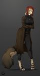  2017 anthro barefoot brown_hair clothed clothing digital_media_(artwork) digitigrade grey_background hair jewelry necklace shen_shepa simple_background solo standing unknown_species 