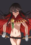  &gt;:) bangs black_background blush breasts cape closed_mouth convenient_censoring fate/grand_order fate_(series) gloves groin hair_between_eyes holding holding_sword holding_weapon k_jin katana long_hair looking_at_viewer medium_breasts naked_cape navel nude oda_nobunaga_(fate) red_cape red_eyes serious sheath sheathed simple_background smile solo stomach sword thigh_gap tsurime underboob v-shaped_eyebrows very_long_hair weapon white_gloves 