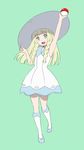  :d blonde_hair dress green_background green_eyes hat highres holding holding_poke_ball lillie_(pokemon) long_hair open_mouth poke_ball pokemon pokemon_(game) pokemon_sm saitoyu00 simple_background smile solo source_request white_dress 