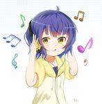  :q aayh ahoge arms_up bangs bass_clef beamed_eighth_notes beamed_sixteenth_notes blue_hair blush closed_mouth commentary_request drawstring eighth_note eyebrows_visible_through_hair gochuumon_wa_usagi_desu_ka? halftone halftone_background hands_on_headphones headphones hood hood_down hoodie jouga_maya listening_to_music looking_at_viewer musical_note short_sleeves simple_background smile solo tareme tongue tongue_out treble_clef upper_body white_background yellow_eyes yellow_hoodie 