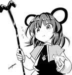  animal_ears blush_stickers capelet cheese chewing closed_mouth dutch_angle eating food from_below greyscale jewelry long_sleeves monochrome mouse_ears nazrin necklace short_hair taurine_8000mg touhou translated twitter_username 