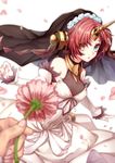  :o blue_eyes breasts bridal_veil cleavage dress elbow_gloves fate/apocrypha fate/grand_order fate_(series) flower frankenstein's_monster_(fate) gloves hair_flower hair_ornament heterochromia horn looking_at_viewer out_of_frame petals pink_hair pov pov_hands short_hair small_breasts solo_focus tobidayooon veil wedding_dress white_dress white_gloves yellow_eyes 