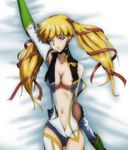  bed blonde_hair blue_eyes blush breasts code_geass collarbone groin hair_ornament hair_ribbon large_breasts looking_at_viewer lying military military_uniform monica_kruszewski navel nipples no_bra no_panties on_back open_clothes ribbon s_a_g_a smile solo twintails uniform 