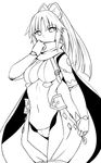  arm_guards bangs breasts cowboy_shot eyebrows_visible_through_hair fate/grand_order fate_(series) fingerless_gloves gloves greyscale japanese_clothes katou_danzou_(fate/grand_order) lineart long_hair looking_at_viewer medium_breasts monochrome navel parted_bangs ponytail scarf shiseki_hirame sidelocks simple_background solo 