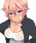  blush breast_grab breasts collarbone eroe gakuran game_cg grabbing looking_at_viewer medium_breasts nipples open_clothes open_shirt original pink_hair purple_eyes school_uniform shirt simple_background smile teeth uniform unnamed_tsrpg_protagonist_(eroe) wet wet_clothes wet_shirt wet_t-shirt white_shirt 