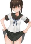  black_sailor_collar black_skirt brown_hair commentary_request eyebrows_visible_through_hair fubuki_(kantai_collection) green_eyes highres kantai_collection lifted_by_self masukuza_j open_mouth panties pleated_skirt remodel_(kantai_collection) sailor_collar school_uniform serafuku short_hair short_sleeves simple_background skirt skirt_lift solo underwear white_background white_panties 