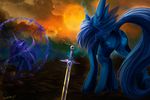 1deathpony1 2017 blue_fur blue_hair cutie_mark day digital_media_(artwork) duo equine feathered_wings feathers female feral friendship_is_magic fur hair hi_res horn magic mammal melee_weapon membranous_wings my_little_pony nightmare_moon_(mlp) outside princess_luna_(mlp) sky square_crossover sword weapon winged_unicorn wings 