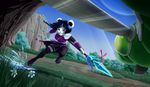  action_pose anthro bear black_hair black_nose blue_hair boots breasts clothed clothing detailed_background dress female flower footwear freedom_planet freedom_planet_2 fur green_body hair hi_res holding_object ice jt-metalli jumping machine mammal melee_weapon neera_li open_mouth panda plant purple_eyes robot shorts sky solo_focus teeth video_games weapon white_fur 