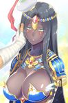  black_hair breasts circlet cleavage dark_skin fate/grand_order fate_(series) green_eyes hand_on_another's_face hat highres jewelry large_breasts long_hair nakamura_hinato out_of_frame pov pov_hands scheherazade_(fate/grand_order) solo_focus very_long_hair wrist_wrap 