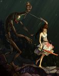  barefoot blood bloody_clothes bloody_dress bow breasts brown_hair commentary crown dress full_body height_difference joakim_sandberg leash long_arms long_hair long_legs long_neck mini_crown monster original pulling rain red_bow scarf small_breasts sword vest weapon white_dress 