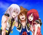  blue_eyes brown_hair closed_eyes jewelry kairi_(kingdom_hearts) kingdom_hearts kingdom_hearts_ii koshi_(meermisa) multiple_boys necklace red_hair riku short_hair silver_hair sora_(kingdom_hearts) 