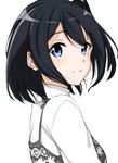  anime_coloring bangs black_hair blue_eyes closed_mouth commentary_request dress eyebrows_visible_through_hair eyes_visible_through_hair from_side looking_at_viewer looking_to_the_side original shirt simple_background smile solo suzunari_shizuku upper_body white_background white_shirt yuki_arare 
