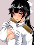  aiguillette azur_lane bangs black_hair blunt_bangs blush bow breasts brown_background cleavage clothes_lift commentary_request hair_bow hatoya_mameshichi large_breasts lifted_by_self lips long_hair long_sleeves looking_at_viewer military military_uniform parted_lips ponytail red_eyes shiny shiny_skin simple_background smile solo takao_(azur_lane) tsurime uniform upper_body white_bow 