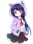  :&lt; animal_ears animal_hood bangs black_skirt blush cat_ears cat_hood closed_mouth collared_shirt commentary_request cowboy_shot hands_in_pockets head_tilt hood hood_up hoodie jitome long_hair long_sleeves looking_at_viewer neckerchief original pleated_skirt purple_hair purple_hoodie red_eyes red_neckwear shika_(s1ka) shirt simple_background skirt solo very_long_hair white_background white_shirt 