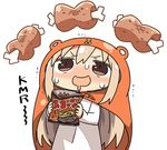  bangs blonde_hair boned_meat brown_eyes doma_umaru dress drooling food food_request himouto!_umaru-chan holding holding_food kanikama komaru long_hair long_sleeves looking_up lowres meat open_mouth simple_background solo sweatdrop trembling white_background white_dress 
