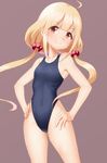  &gt;:) ahoge bangs blonde_hair blue_swimsuit blunt_bangs breasts brown_eyes c: closed_mouth commentary_request competition_swimsuit futaba_anzu hands_on_hips highleg highleg_swimsuit highres hips idolmaster idolmaster_cinderella_girls legs_apart long_hair looking_at_viewer low_twintails one-piece_swimsuit purple_background school_swimsuit sidelocks simple_background skinny small_breasts smile solo swimsuit taka_(takahirokun) tareme thighs twintails v-shaped_eyebrows 