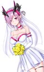  ally_(eden154) bare_shoulders bouquet breasts bridal_veil choker cleavage cowboy_shot demon_horns dress dutch_angle earrings elbow_gloves eyes_visible_through_hair flower gloves hair_over_one_eye highres horn_ornament horns jewelry large_breasts lavender_hair looking_at_viewer oskulolu pointy_ears purple_eyes shironeko_project short_dress short_hair smile solo strapless strapless_dress thigh_strap veil wedding_dress white_background white_dress white_gloves 
